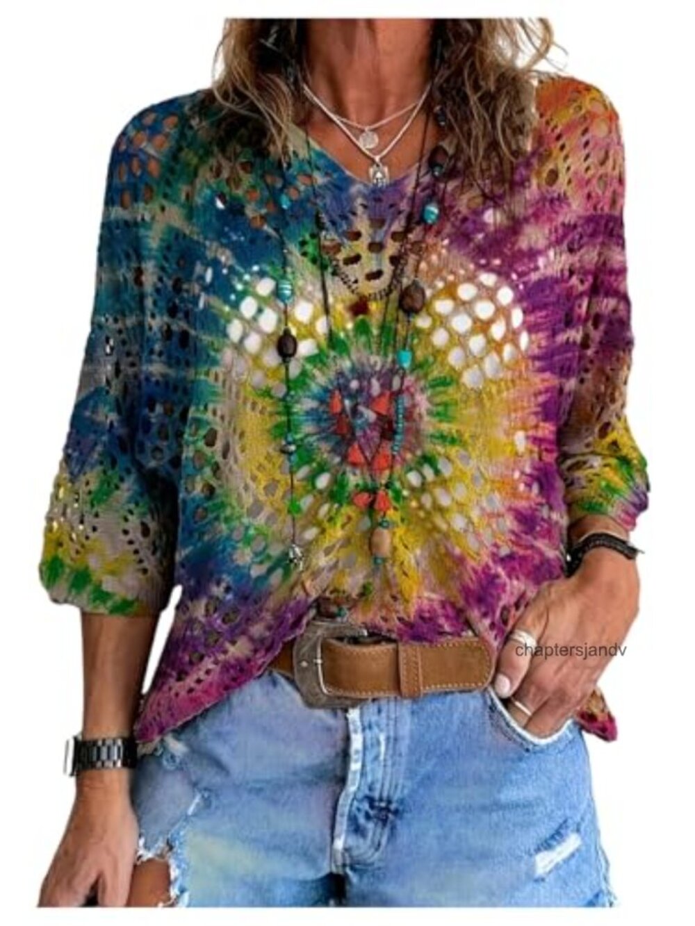 Boho Knit Crochet V-Neck Beach Cover Up 3/4 Sleeve Lightweight